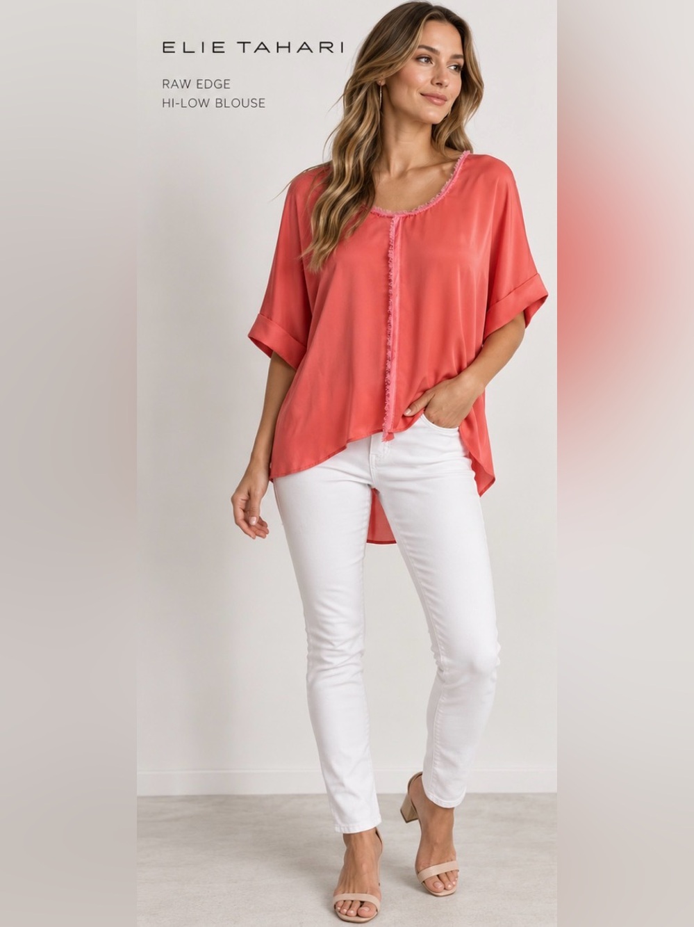 Elie Tahari Coral Pink Satin Raw Edge High Low Dolman Blouse